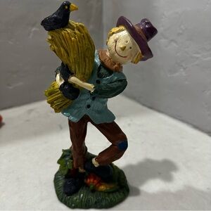 Vintage Scarecrow Resin Figurine With Crow On Hay Bail Fall Harvest  8”